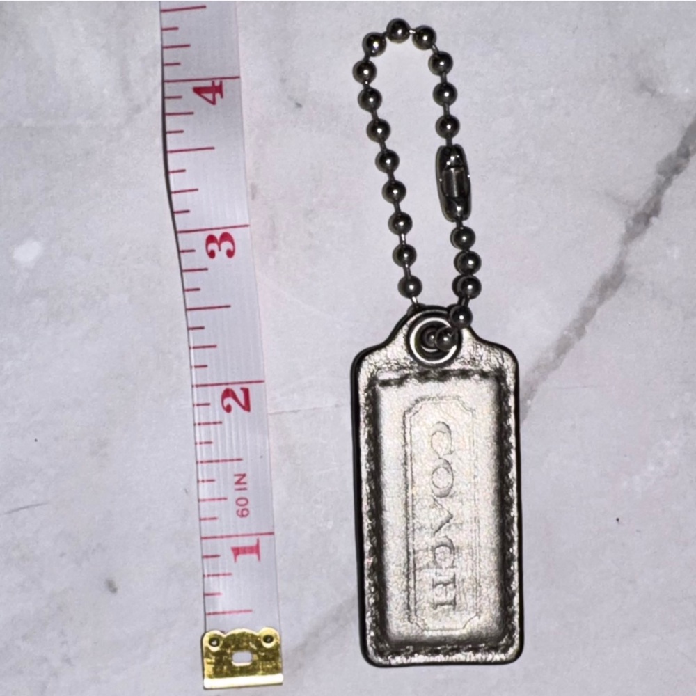 Coach Metallic Silver Leather Key Fob Hangtag bagcharm w silver Ball Chain 2.25”